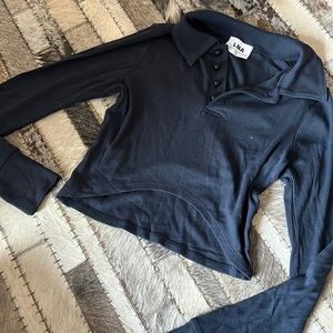 LNA Clothing Navy Collared LS Cropped Tee